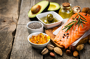 A variety of foods containing omega 3 fatty acids.