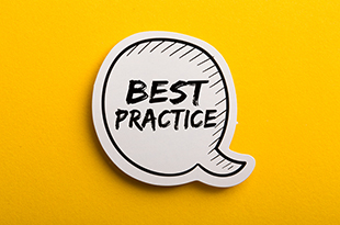 The words, "best practice" in a white speech bubble on a yellow background.