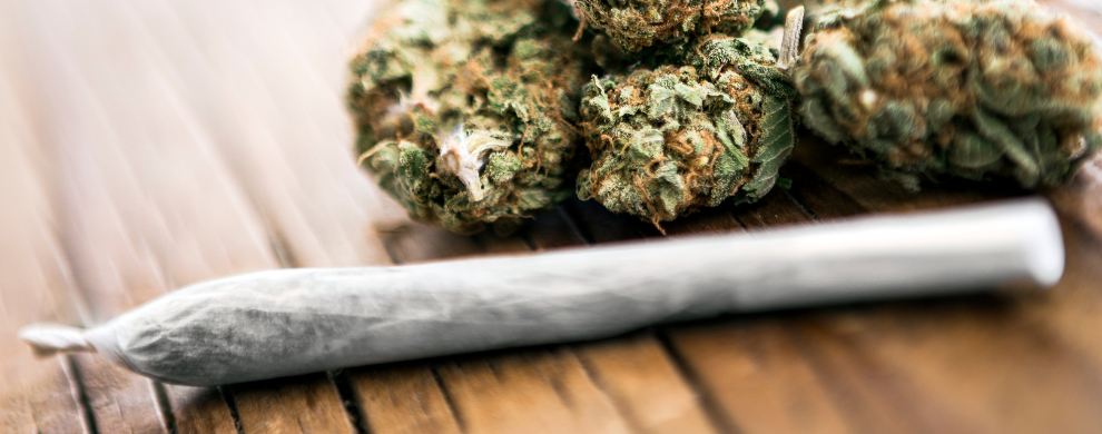 An unlit joint sits on a wooden table with dried cannabis resting behind it.