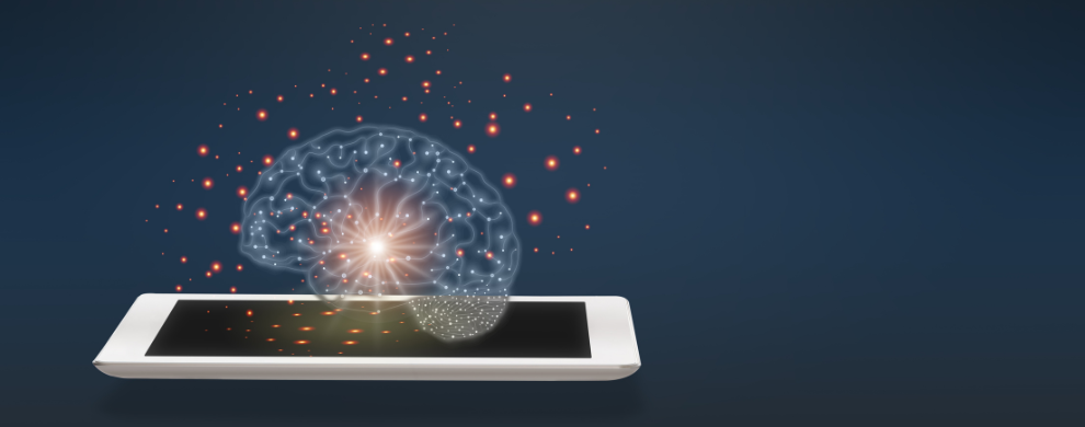 An illustration of a brain's circuitry hovers over a tablet device.