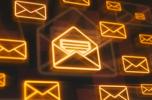 Envelopes are depicted in yellow neon lights on a black background.