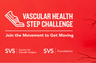 The Vascular Health Step Challenge shoe logo is in white on a red background. The text states "Join the Movement to Get Moving"