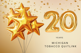"20 Years Michigan Tobacco Quitlink" The number 20 is in the form of gold mylar balloons. A bunch of star-shaped mylar balloons is to the left and gold confetti showers down into the top of the frame.