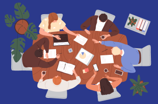  An illustration of a group of individuals working around a table, portrayed from above.