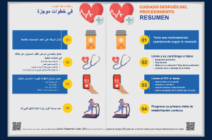 BMC2 PCI Patient Discharge Instructions Infographic in a split screen with Arabic on the left and Spanish on the right.