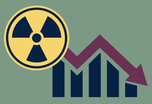 A radiation symbol in pale yellow and dark blue is on a medium green background. To the right, a downward arrow in purple is above a bard graph in dark blue.