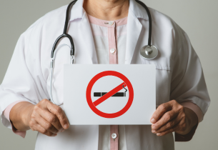 A male doctor in a white coat with a stethoscope around his neck holds a no smoking sign.