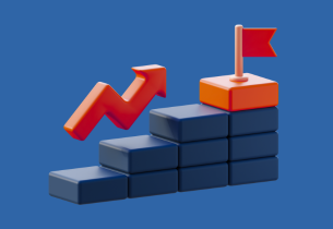 An upward graph is in dark blue on a medium blue background. A red flag is at the top and a red arrow hovers above the "stairsteps" of the graph.