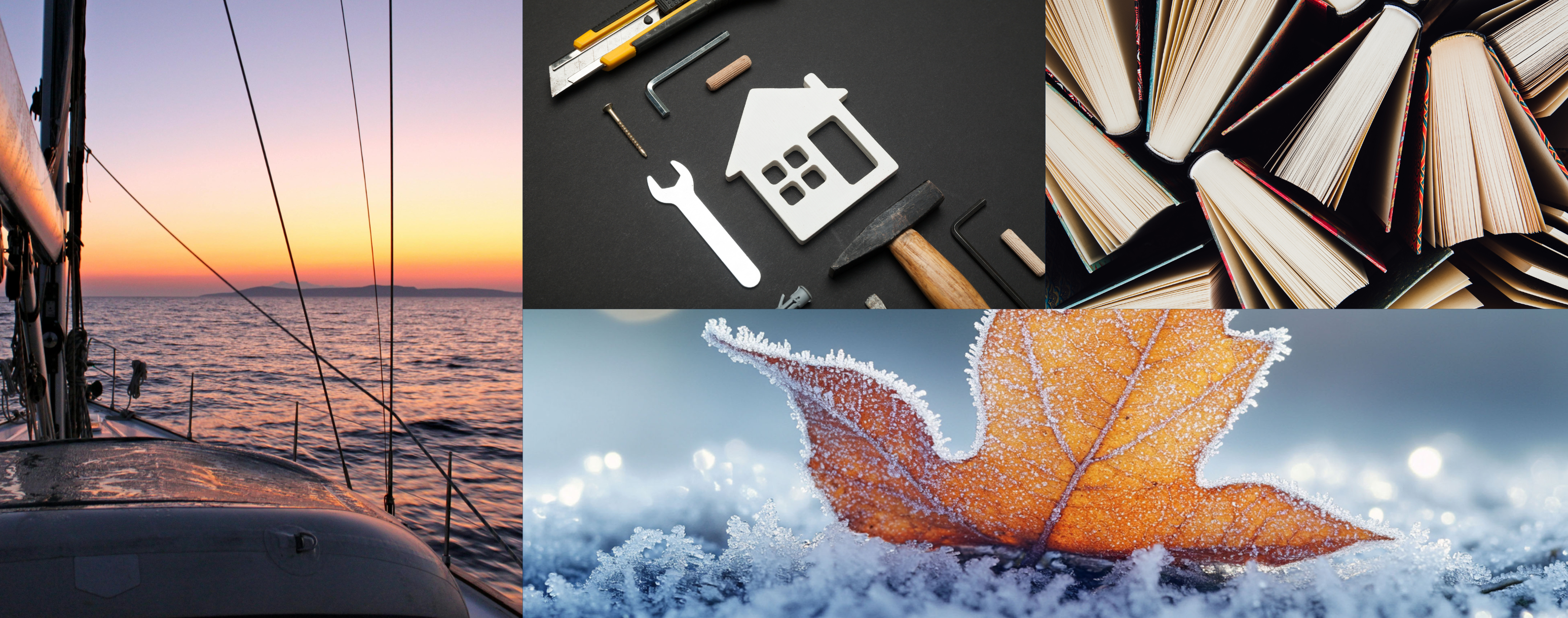 A sunset from the vantage point of a sailboat, tools, books, and a fallen leaf in the snow