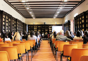 A view of a meeting from the back of the room.