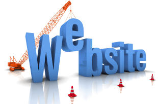 An orange construction crane lifts the "e" in "website," in written in blue. Orange construction cones are in the foreground.
