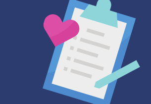 An illustration of a blue clipboard with white paper and an aqua-colored pen .