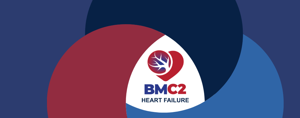 The BMC2 Heart Failure logo contains a red heart with a red and blue vasculature design on its left side. Underneath is "BMC2" with the B and M in blue and the C and 2 in red. Finally, the words "Heart Failure" are at the bottom in blue. The logo is on a white background and encompassed by three overlapping circles. They are - clockwise - red, dark blue, and medium blue.
