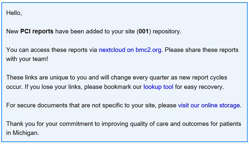A screen shot of the email announcing that a new report has been uploaded to a site.